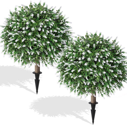 HyeFlora 26'' Artificial Topiary Boxwood Ball Trees with Lavender 2 Pack Fake Plants for Outdoor Indoor Artificial Shrubs with Ground Spike UV Resistant Fake Bushes for Front Porch Garden (Purple)