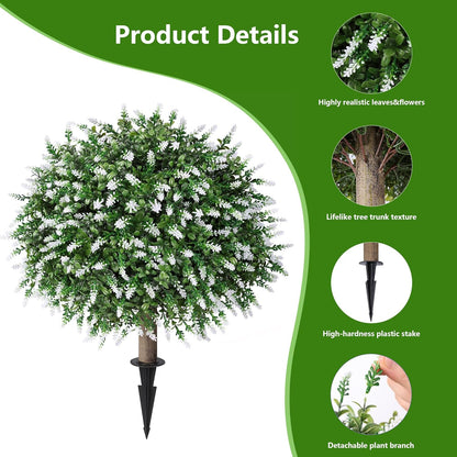 HyeFlora 26'' Artificial Topiary Boxwood Ball Trees with Lavender 2 Pack Fake Plants for Outdoor Indoor Artificial Shrubs with Ground Spike UV Resistant Fake Bushes for Front Porch Garden (Purple)