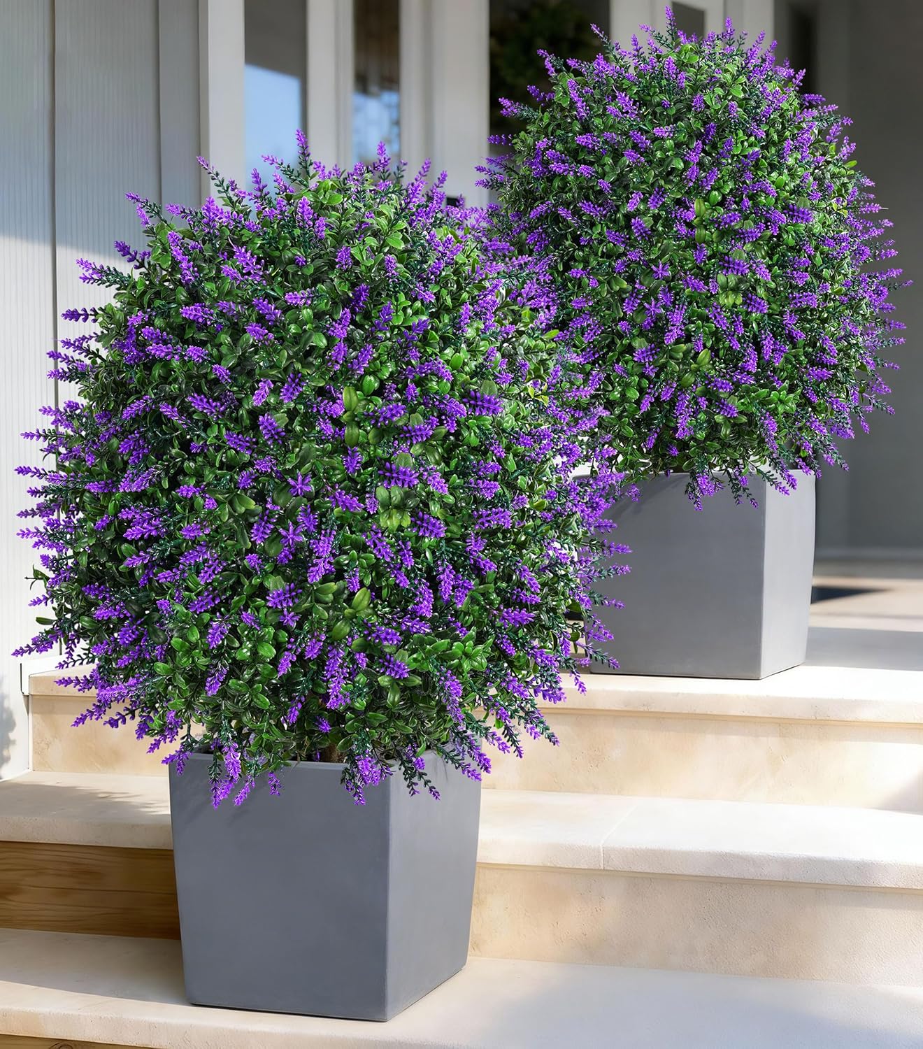 HyeFlora 26'' Artificial Topiary Boxwood Ball Trees with Lavender 2 Pack Fake Plants for Outdoor Indoor Artificial Shrubs with Ground Spike UV Resistant Fake Bushes for Front Porch Garden (Purple)