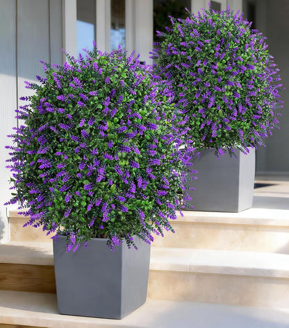 HyeFlora 26'' Artificial Topiary Boxwood Ball Trees with Lavender 2 Pack Fake Plants for Outdoor Indoor Artificial Shrubs with Ground Spike UV Resistant Fake Bushes for Front Porch Garden (Purple)