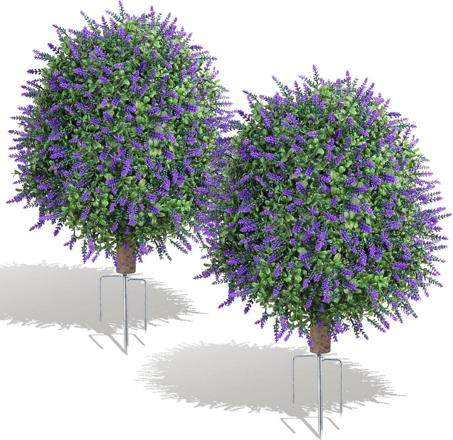 HyeFlora 26'' Artificial Topiary Boxwood Ball Trees with Lavender 2 Pack Fake Plants for Outdoor Indoor Artificial Shrubs with Ground Spike UV Resistant Fake Bushes for Front Porch Garden (Purple)