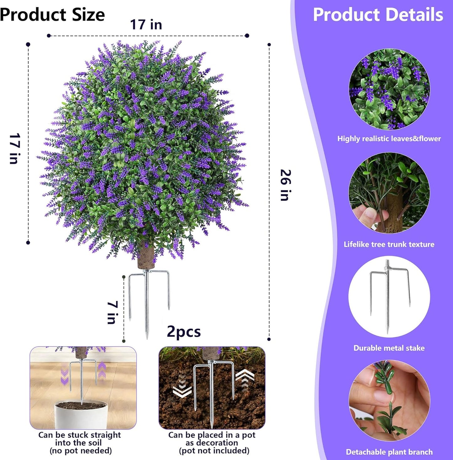HyeFlora 26'' Artificial Topiary Boxwood Ball Trees with Lavender 2 Pack Fake Plants for Outdoor Indoor Artificial Shrubs with Ground Spike UV Resistant Fake Bushes for Front Porch Garden (Purple)