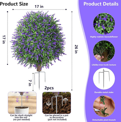 HyeFlora 26'' Artificial Topiary Boxwood Ball Trees with Lavender 2 Pack Fake Plants for Outdoor Indoor Artificial Shrubs with Ground Spike UV Resistant Fake Bushes for Front Porch Garden (Purple)