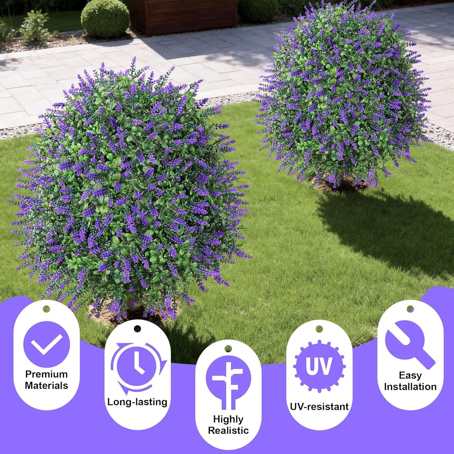 HyeFlora 26'' Artificial Topiary Boxwood Ball Trees with Lavender 2 Pack Fake Plants for Outdoor Indoor Artificial Shrubs with Ground Spike UV Resistant Fake Bushes for Front Porch Garden (Purple)