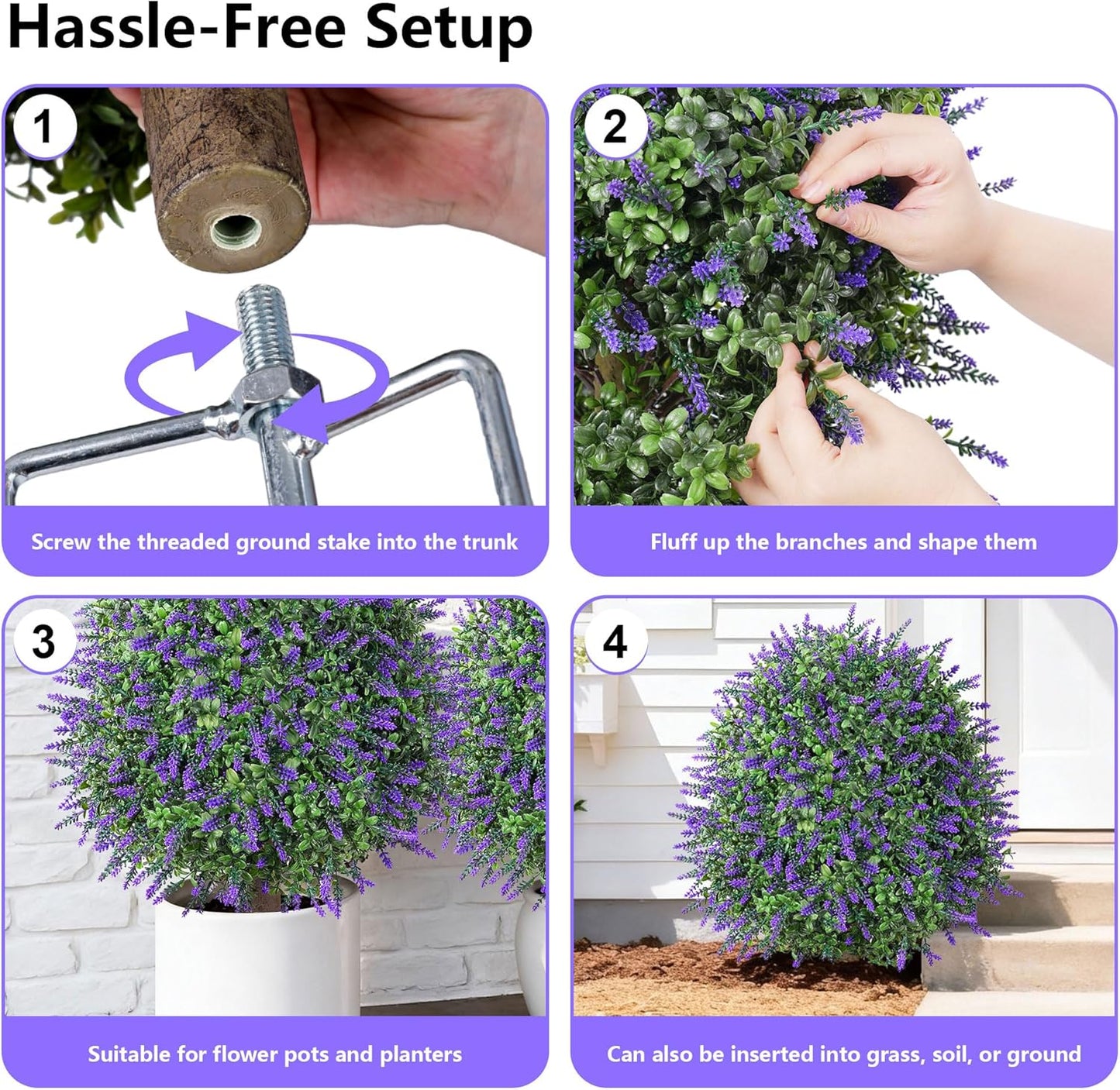 HyeFlora 26'' Artificial Topiary Boxwood Ball Trees with Lavender 2 Pack Fake Plants for Outdoor Indoor Artificial Shrubs with Ground Spike UV Resistant Fake Bushes for Front Porch Garden (Purple)
