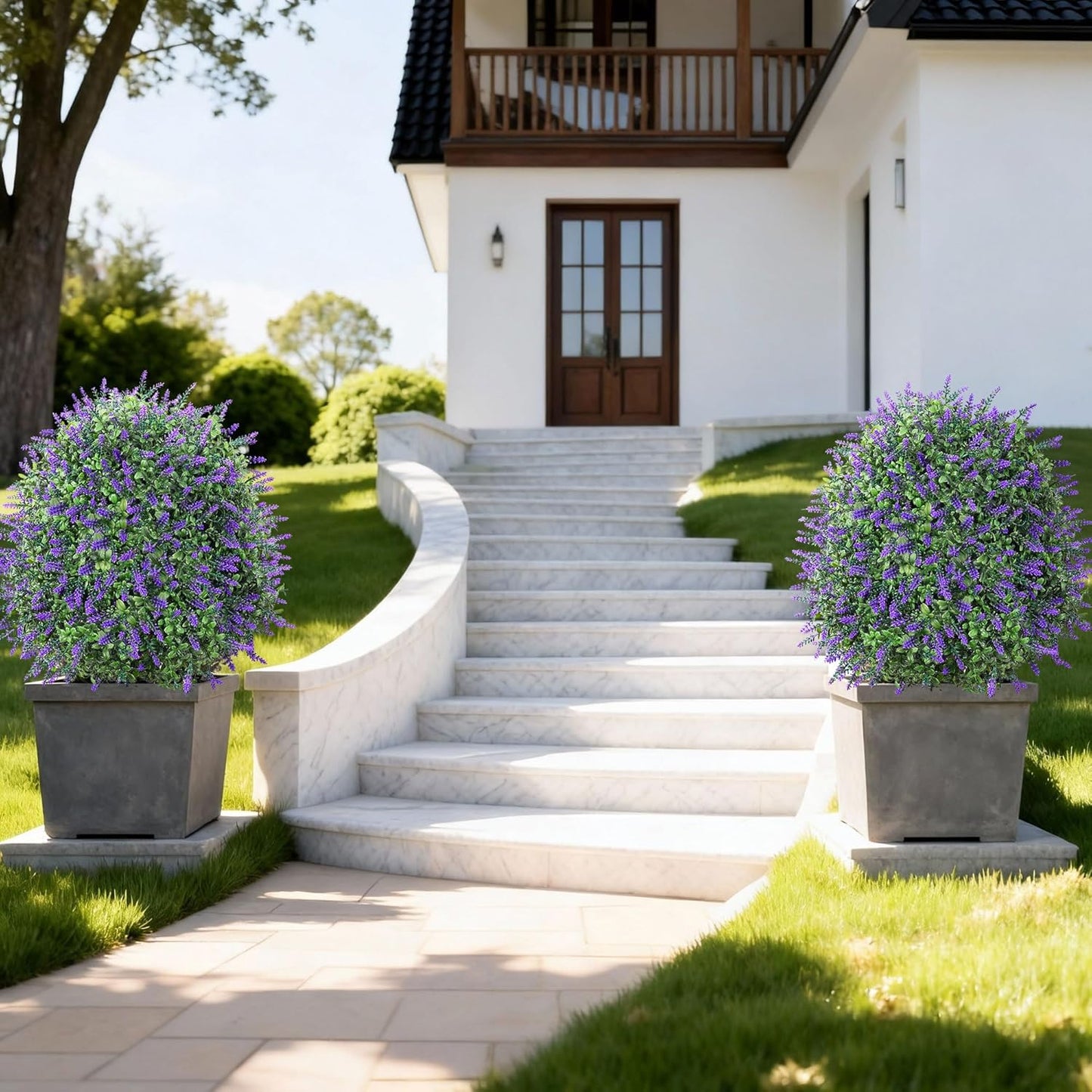 HyeFlora 26'' Artificial Topiary Boxwood Ball Trees with Lavender 2 Pack Fake Plants for Outdoor Indoor Artificial Shrubs with Ground Spike UV Resistant Fake Bushes for Front Porch Garden (Purple)