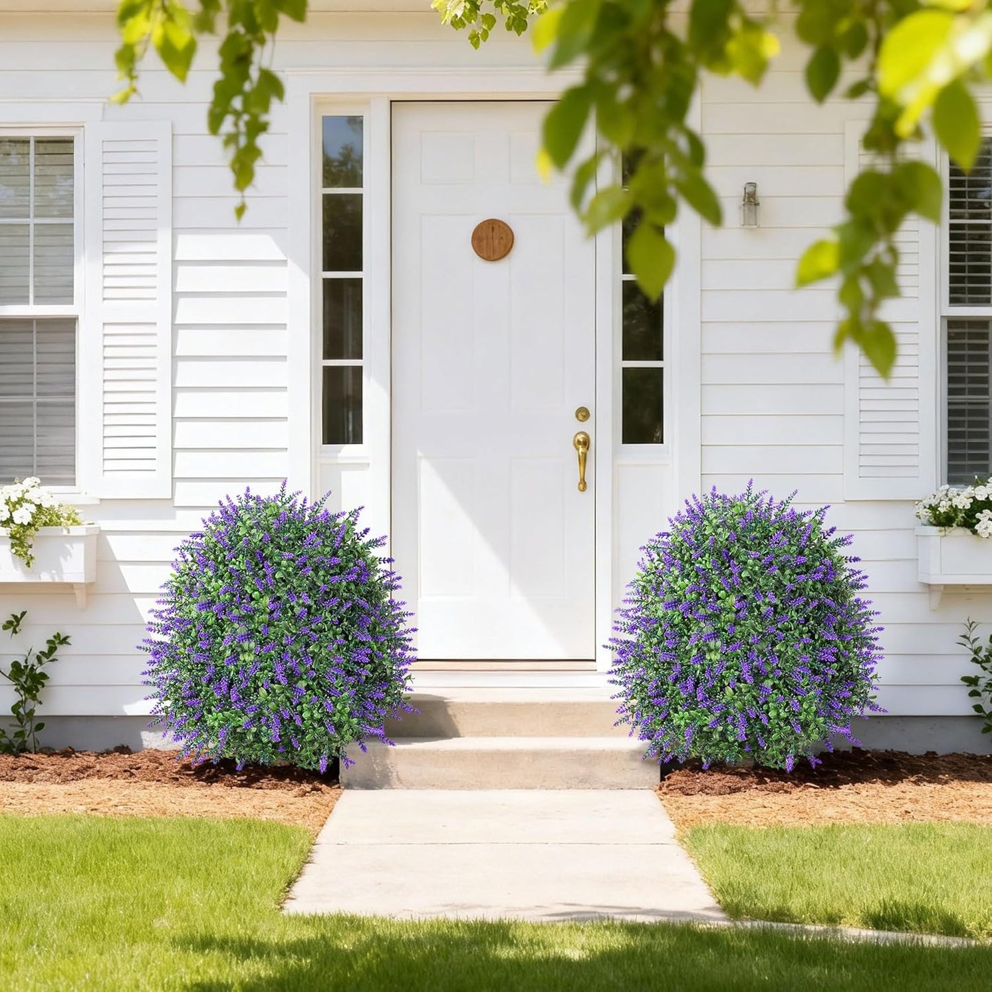 HyeFlora 26'' Artificial Topiary Boxwood Ball Trees with Lavender 2 Pack Fake Plants for Outdoor Indoor Artificial Shrubs with Ground Spike UV Resistant Fake Bushes for Front Porch Garden (Purple)