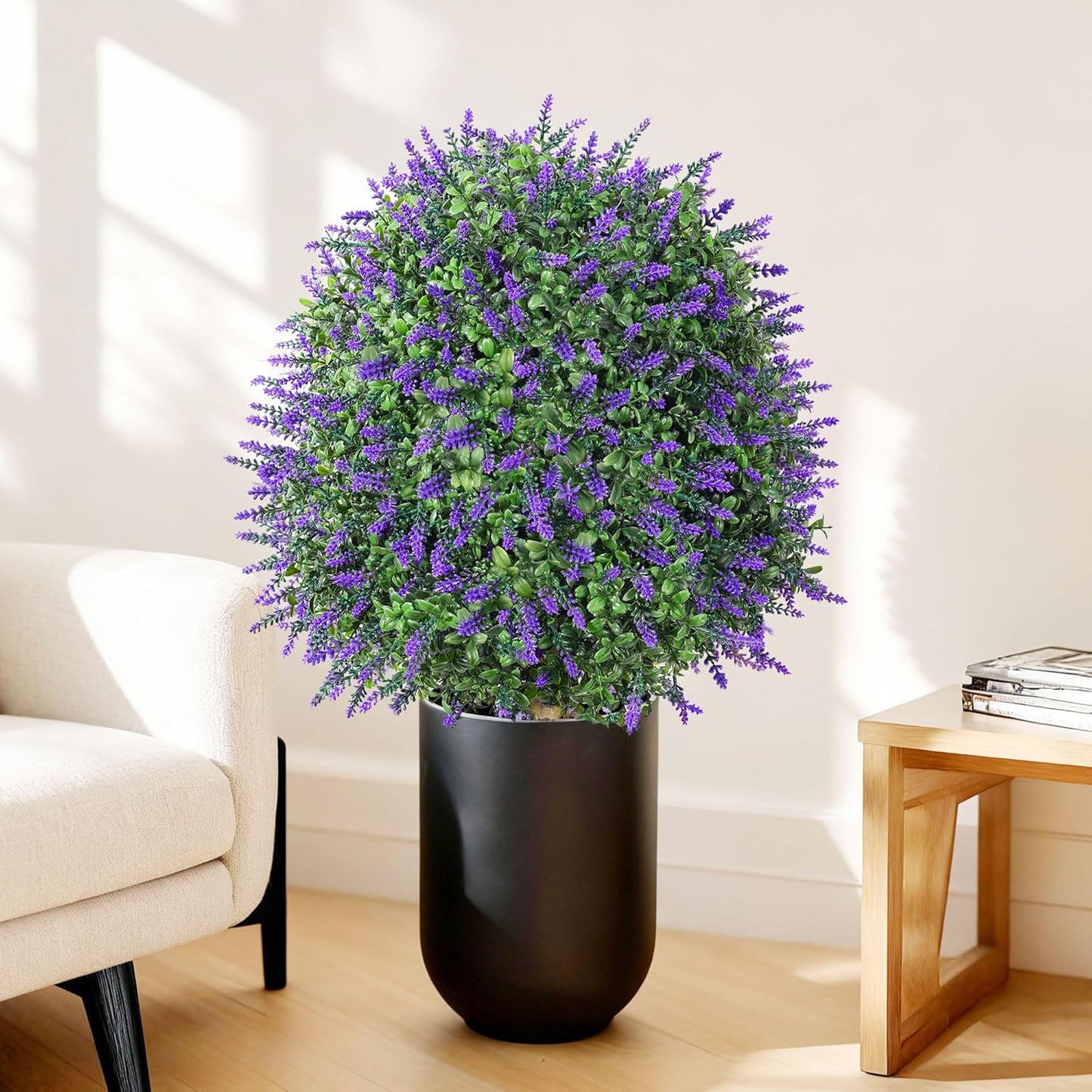 HyeFlora 26'' Artificial Topiary Boxwood Ball Trees with Lavender 2 Pack Fake Plants for Outdoor Indoor Artificial Shrubs with Ground Spike UV Resistant Fake Bushes for Front Porch Garden (Purple)