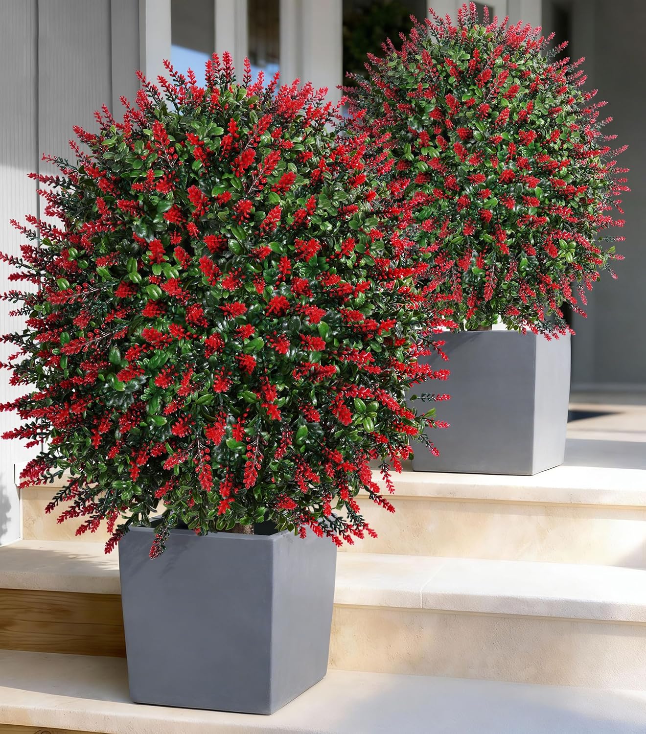 HyeFlora 26'' Artificial Topiary Boxwood Ball Trees with Lavender 2 Pack Fake Plants for Outdoor Indoor Artificial Shrubs with Ground Spike UV Resistant Fake Bushes for Front Porch Garden (Purple)