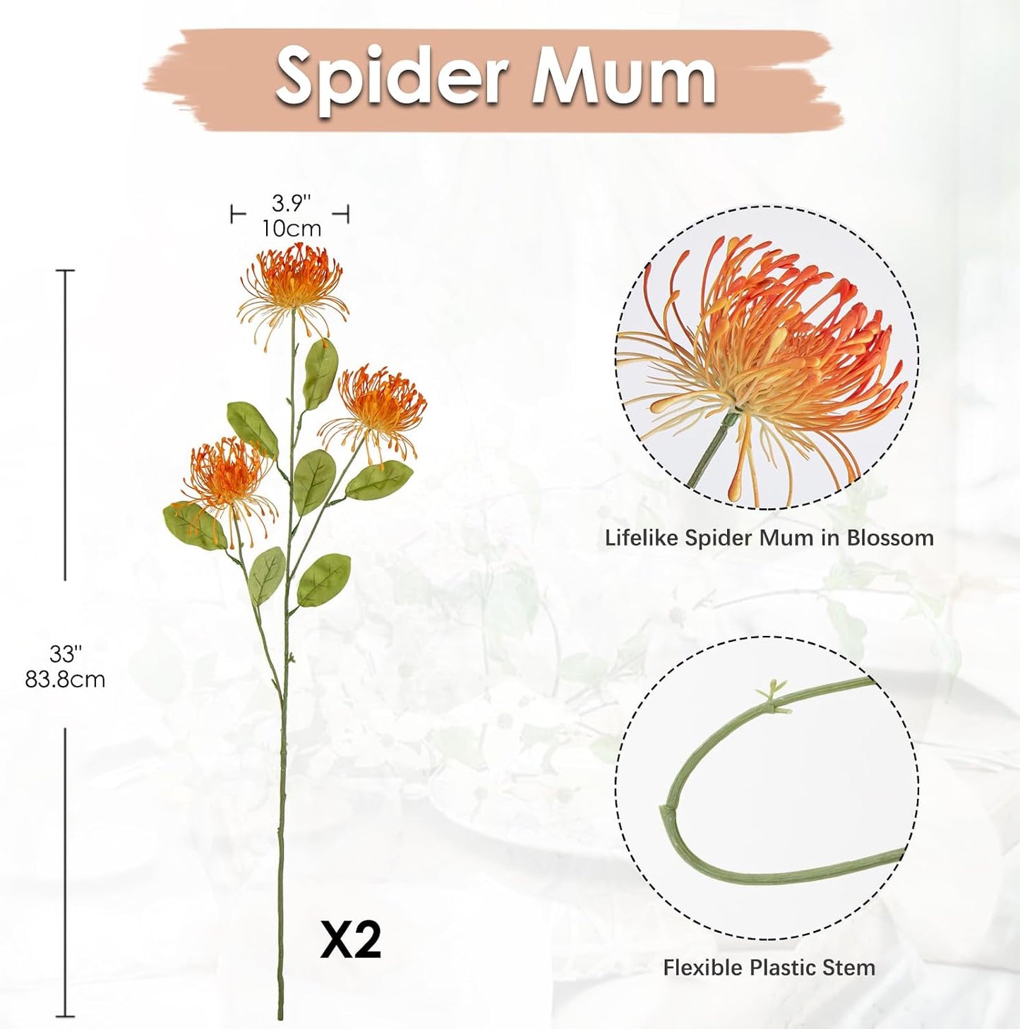 33" Yellow Artificial Mums Flowers Chrysanthemum Flowers 2Pcs Fake Spider Mum Flower Arrangement Faux Pincushion Flower with 3 Heads Long Stem for Party Centerpiece Bouquet Home Decor