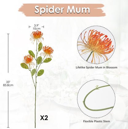 33" Yellow Artificial Mums Flowers Chrysanthemum Flowers 2Pcs Fake Spider Mum Flower Arrangement Faux Pincushion Flower with 3 Heads Long Stem for Party Centerpiece Bouquet Home Decor