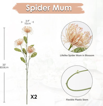 33" Yellow Artificial Mums Flowers Chrysanthemum Flowers 2Pcs Fake Spider Mum Flower Arrangement Faux Pincushion Flower with 3 Heads Long Stem for Party Centerpiece Bouquet Home Decor
