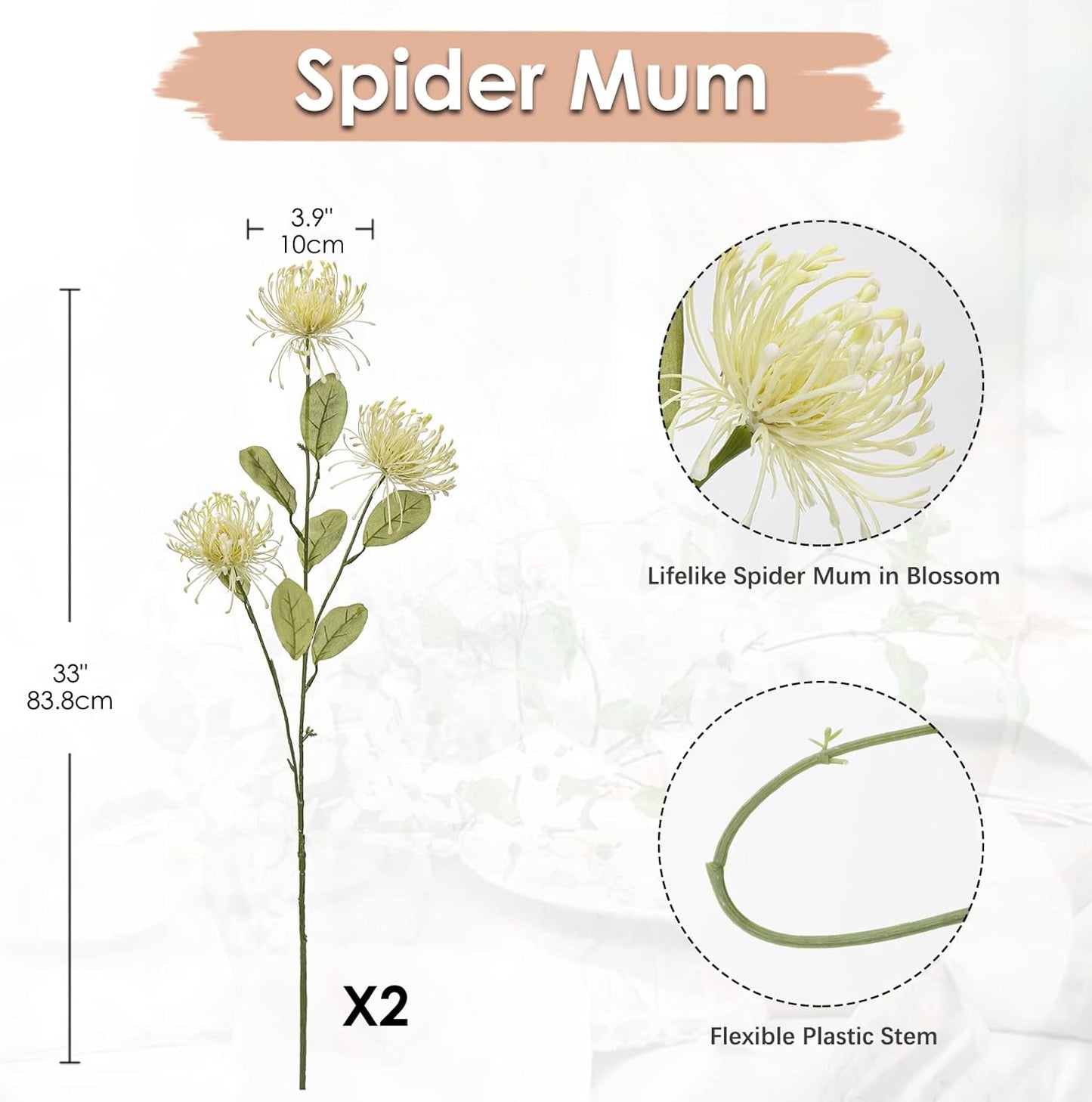 33" Yellow Artificial Mums Flowers Chrysanthemum Flowers 2Pcs Fake Spider Mum Flower Arrangement Faux Pincushion Flower with 3 Heads Long Stem for Party Centerpiece Bouquet Home Decor