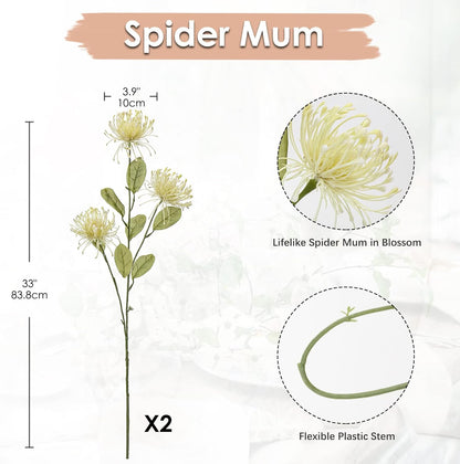 33" Yellow Artificial Mums Flowers Chrysanthemum Flowers 2Pcs Fake Spider Mum Flower Arrangement Faux Pincushion Flower with 3 Heads Long Stem for Party Centerpiece Bouquet Home Decor