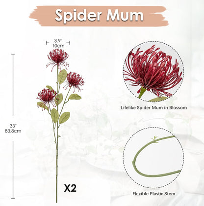 33" Yellow Artificial Mums Flowers Chrysanthemum Flowers 2Pcs Fake Spider Mum Flower Arrangement Faux Pincushion Flower with 3 Heads Long Stem for Party Centerpiece Bouquet Home Decor