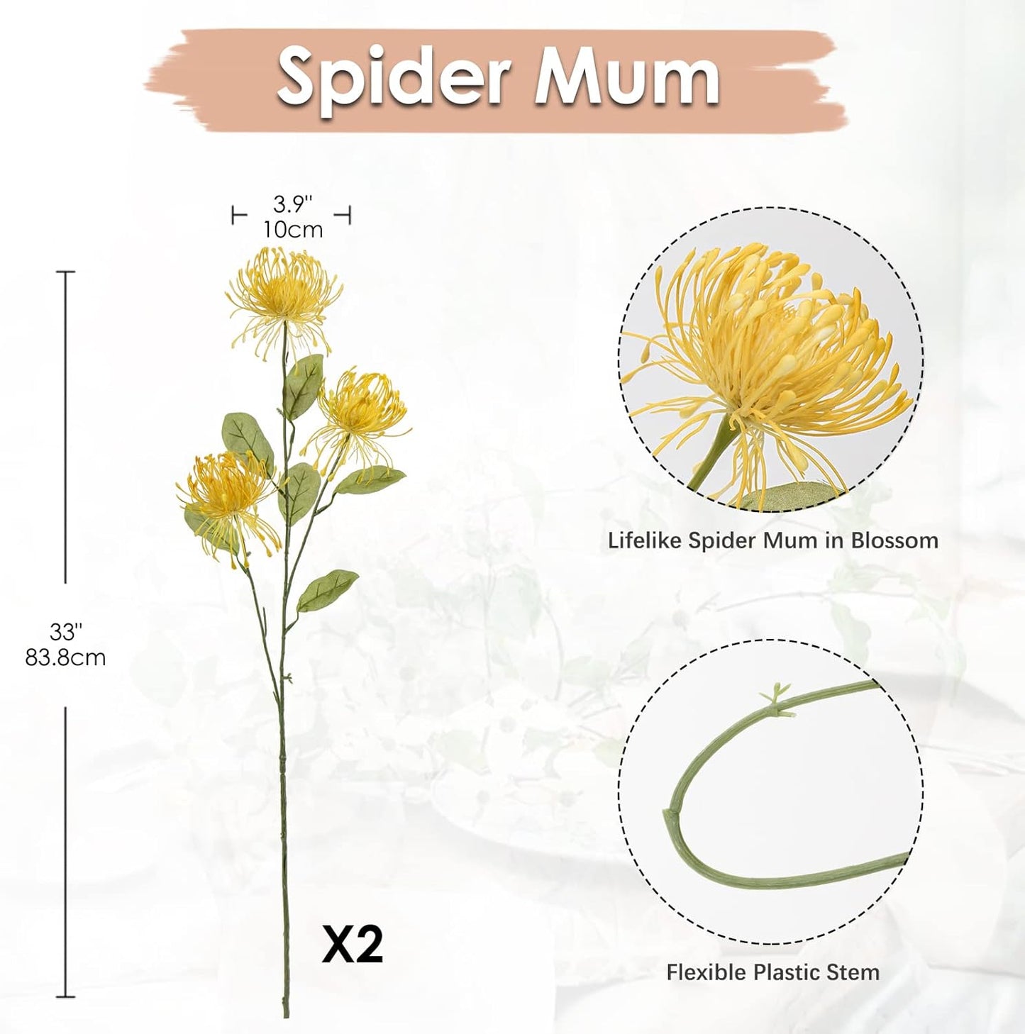 33" Yellow Artificial Mums Flowers Chrysanthemum Flowers 2Pcs Fake Spider Mum Flower Arrangement Faux Pincushion Flower with 3 Heads Long Stem for Party Centerpiece Bouquet Home Decor