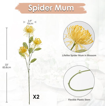 33" Yellow Artificial Mums Flowers Chrysanthemum Flowers 2Pcs Fake Spider Mum Flower Arrangement Faux Pincushion Flower with 3 Heads Long Stem for Party Centerpiece Bouquet Home Decor