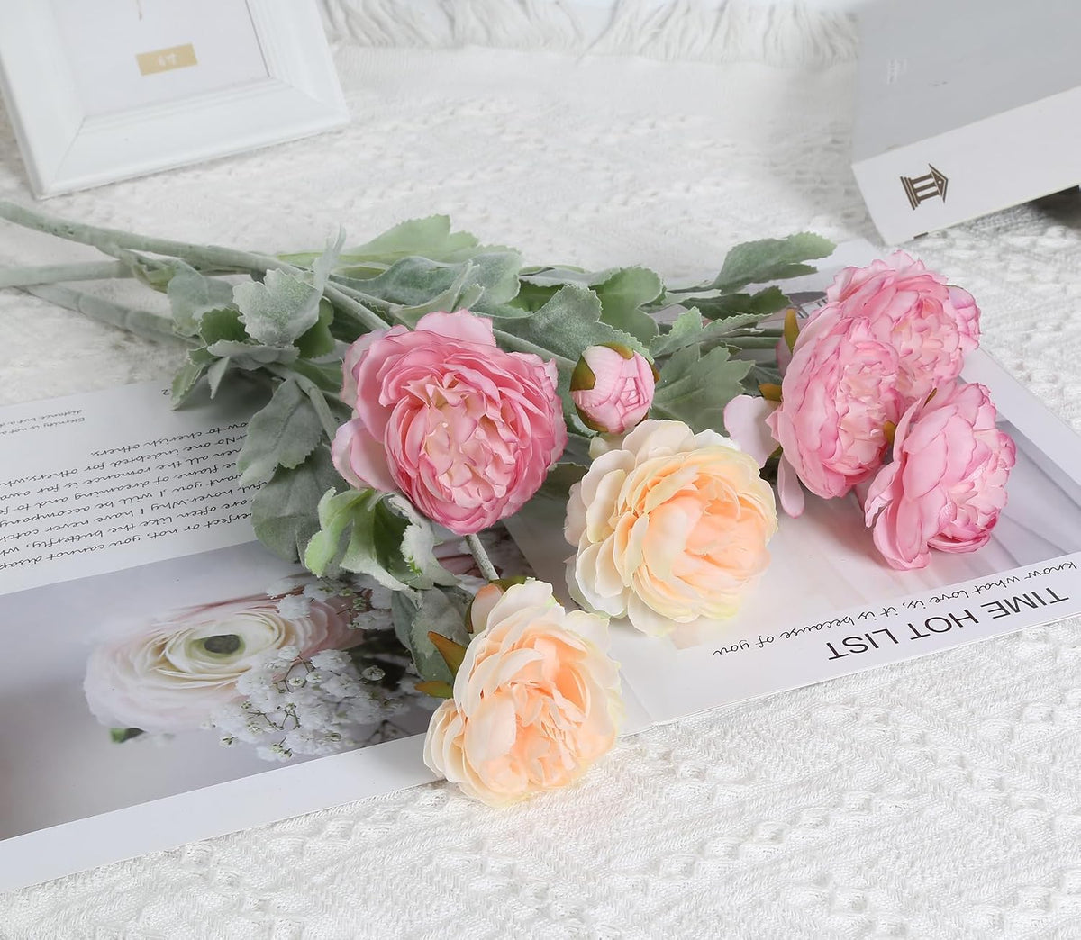 Pink Peonies Artificial Flowers 6pcs Pink Artificial Ranunculus Flowers18Heads Pink Silk Peonies with Stems Real Look for Spring Decorations Floral Arrangements Home Table Centerpiece