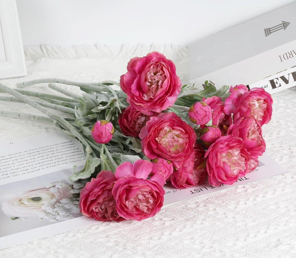 Pink Peonies Artificial Flowers 6pcs Pink Artificial Ranunculus Flowers18Heads Pink Silk Peonies with Stems Real Look for Spring Decorations Floral Arrangements Home Table Centerpiece