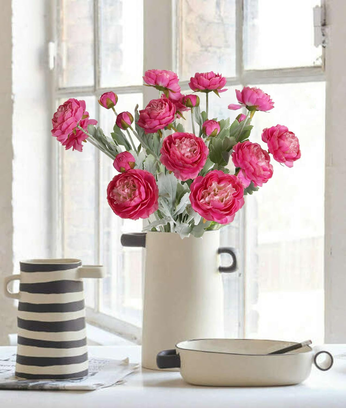 Pink Peonies Artificial Flowers 6pcs Pink Artificial Ranunculus Flowers18Heads Pink Silk Peonies with Stems Real Look for Spring Decorations Floral Arrangements Home Table Centerpiece