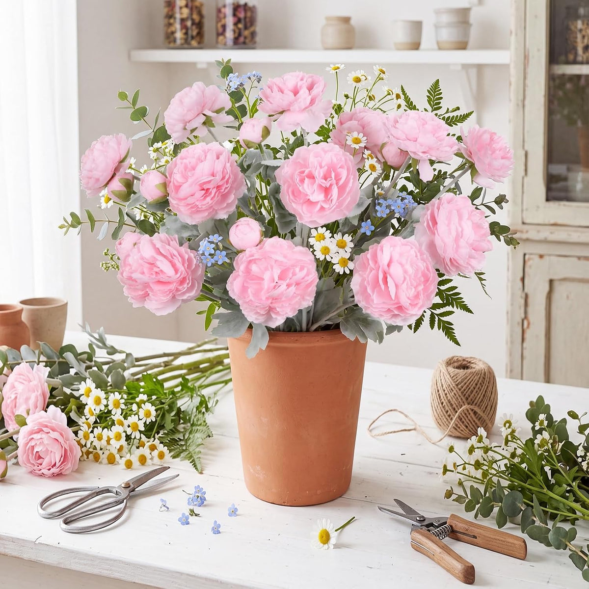 Pink Peonies Artificial Flowers 6pcs Pink Artificial Ranunculus Flowers18Heads Pink Silk Peonies with Stems Real Look for Spring Decorations Floral Arrangements Home Table Centerpiece