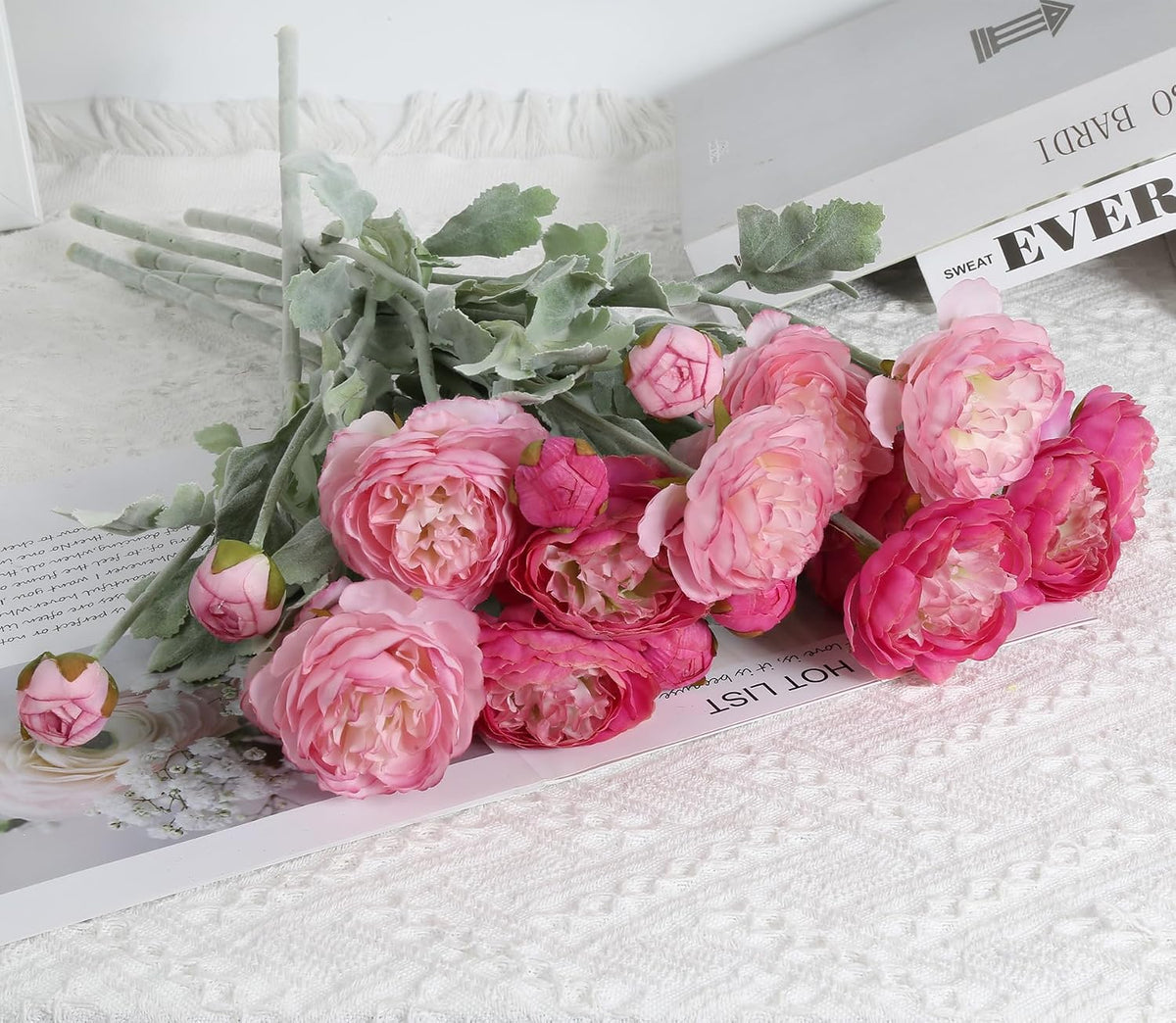 Pink Peonies Artificial Flowers 6pcs Pink Artificial Ranunculus Flowers18Heads Pink Silk Peonies with Stems Real Look for Spring Decorations Floral Arrangements Home Table Centerpiece