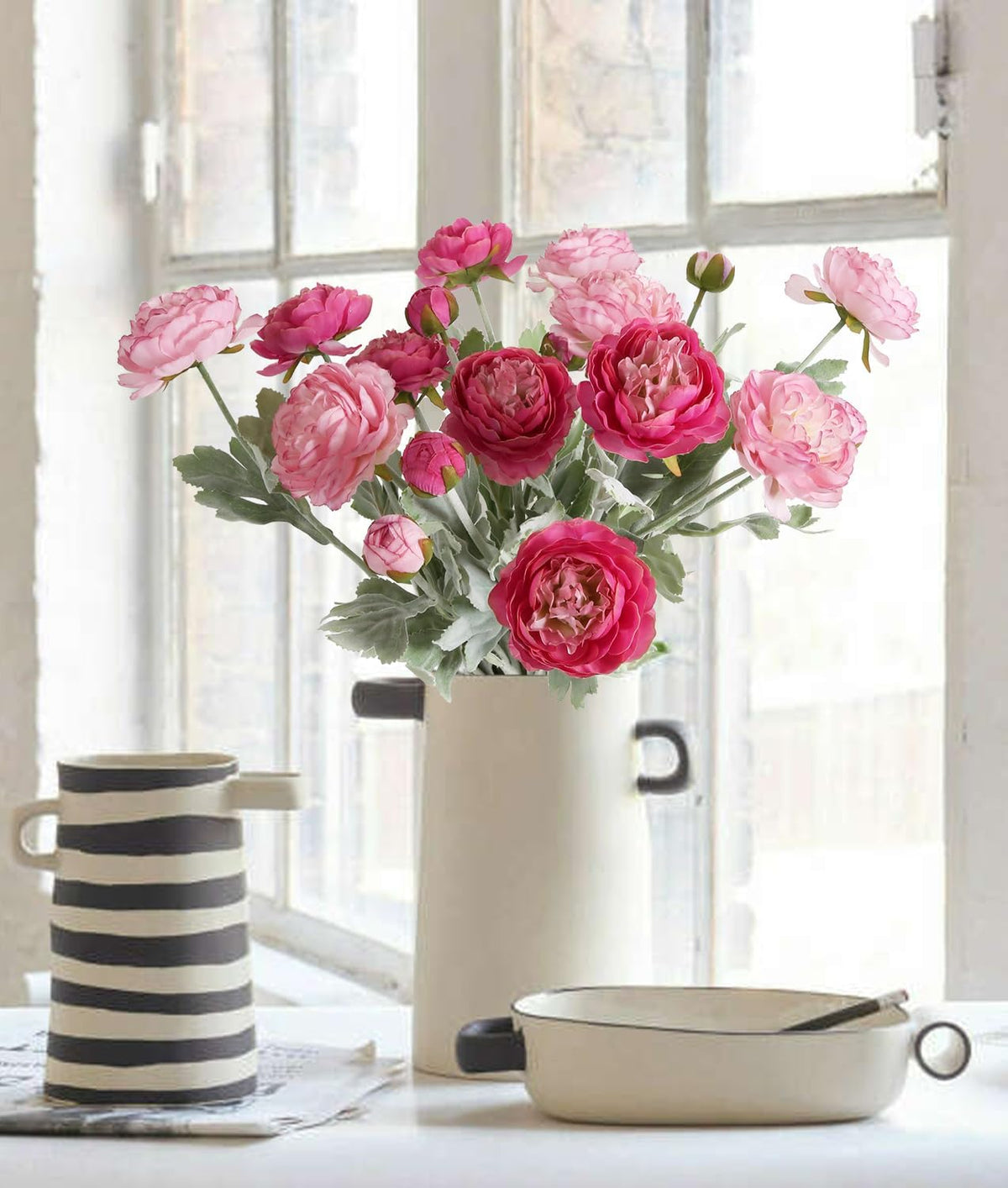 Pink Peonies Artificial Flowers 6pcs Pink Artificial Ranunculus Flowers18Heads Pink Silk Peonies with Stems Real Look for Spring Decorations Floral Arrangements Home Table Centerpiece