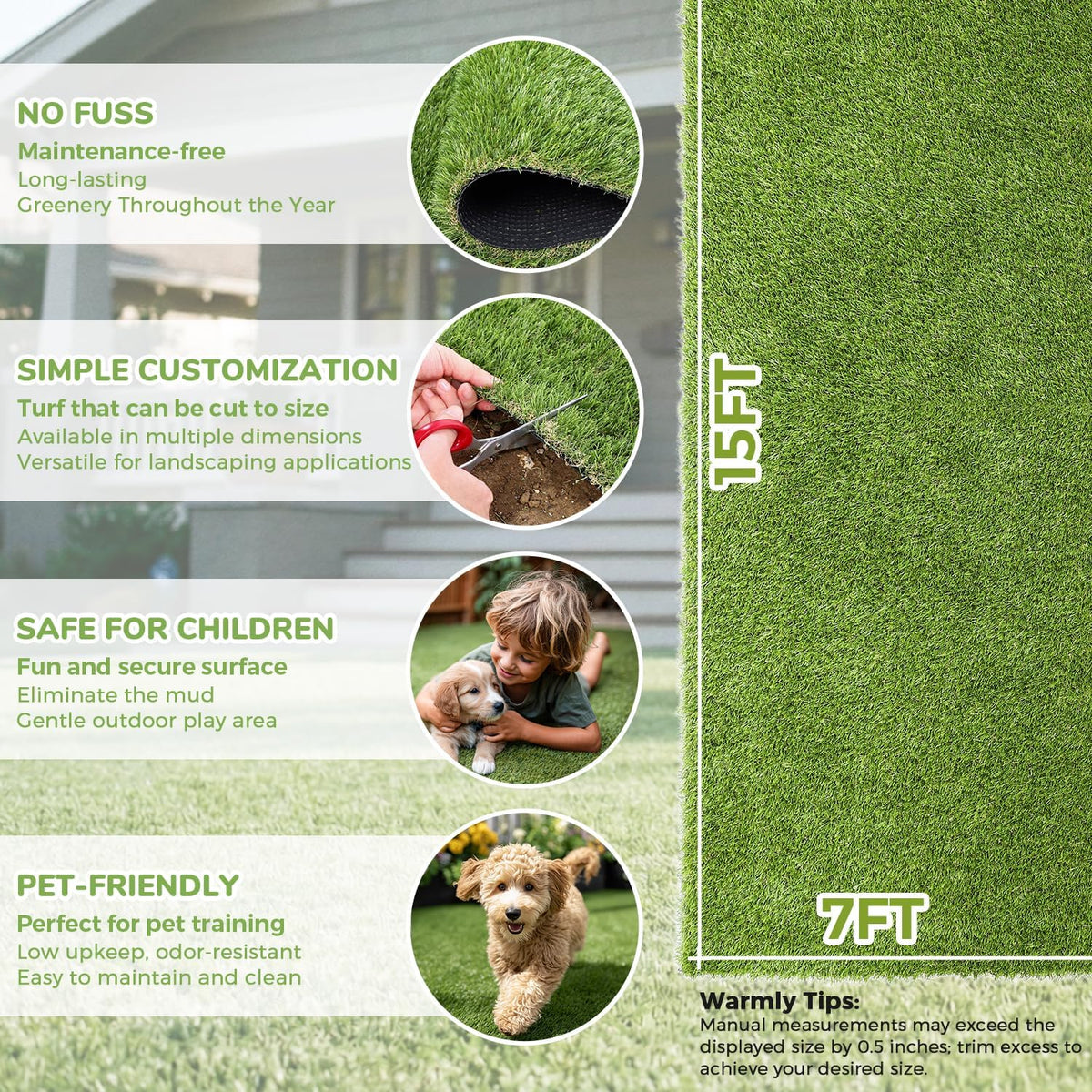 Artificial Grass Rug Indoor Outdoor 7 x 15FT Faux Grass with Drainage Holes