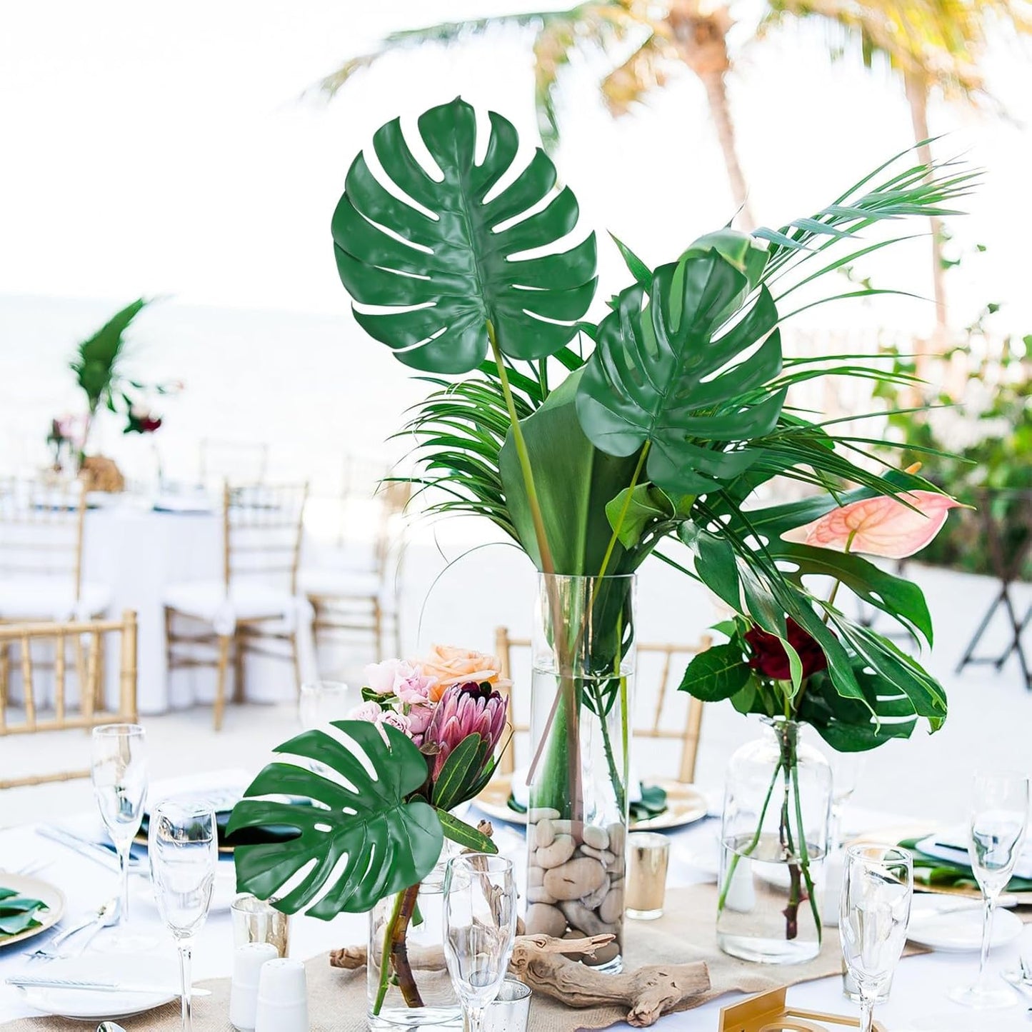 Artificial Monstera Leaves with Long Stem,Fake Tropical Palm Leaves for Hawaiian Luau Jungle Party Home Wedding Decor (6pcs Medium)