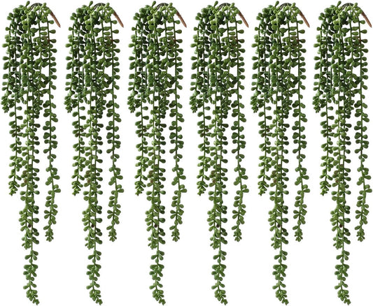 6 Pcs Artificial Succulents Hanging Plants, Fake String of Pearls Greenery Plants, Decoration for Wall, Home, Backdrop, Garden, Indoor and Outdoor