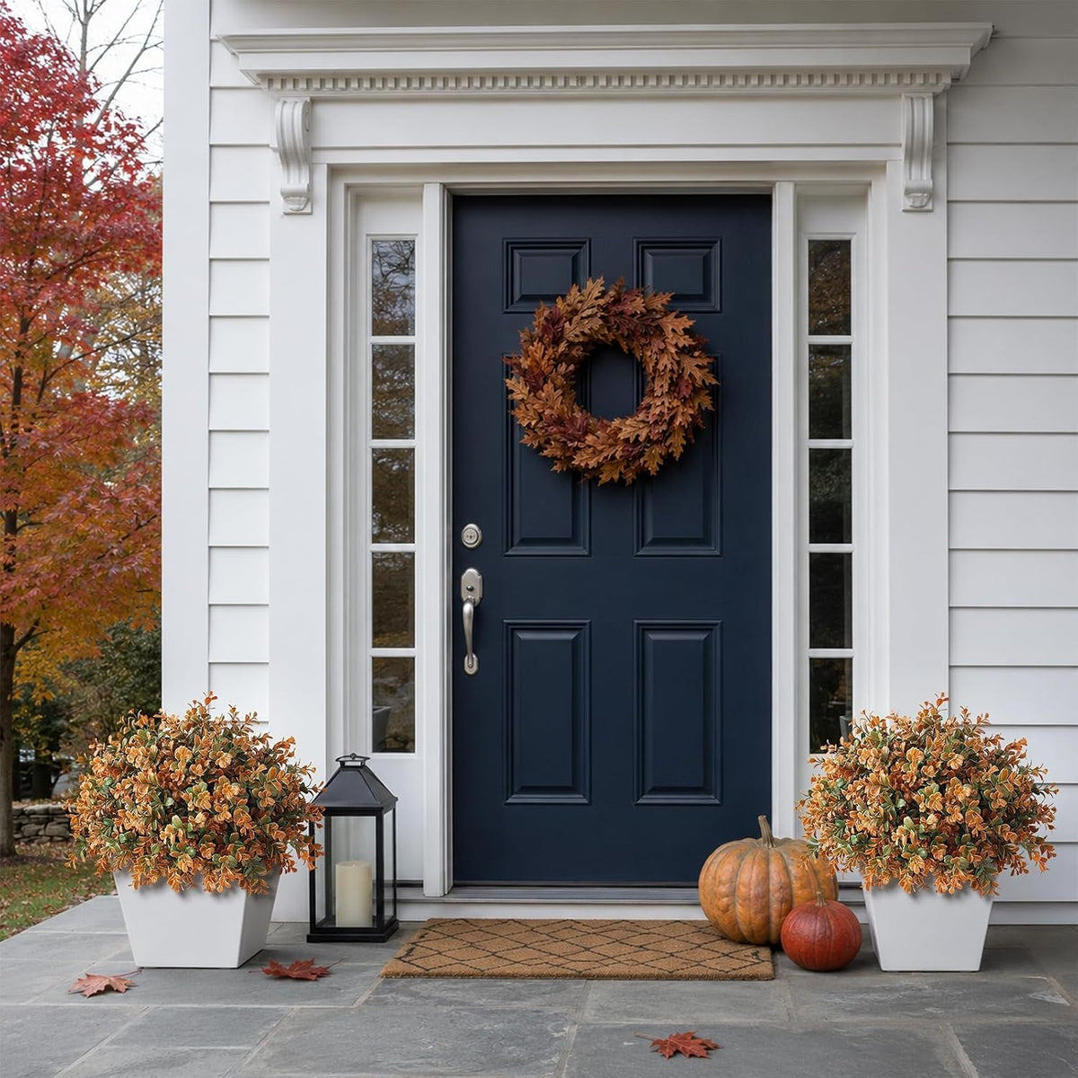 2 Set Artificial Boxwood Fall Topiary Ball Tree for Porch (Autumn Orange)