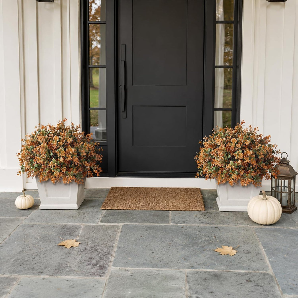 2 Set Artificial Boxwood Fall Topiary Ball Tree for Porch (Autumn Orange)