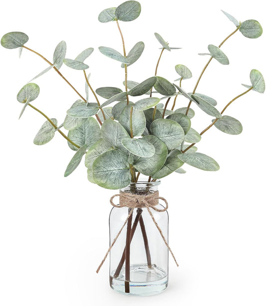Artificial Eucalyptus Stems in Glass Vase with Faux Water, 13.5" Fake Plants for Home Decor, Coffee Table Centerpieces, Office, Bathroom & Farmhouse - Green Faux Plants Decorations