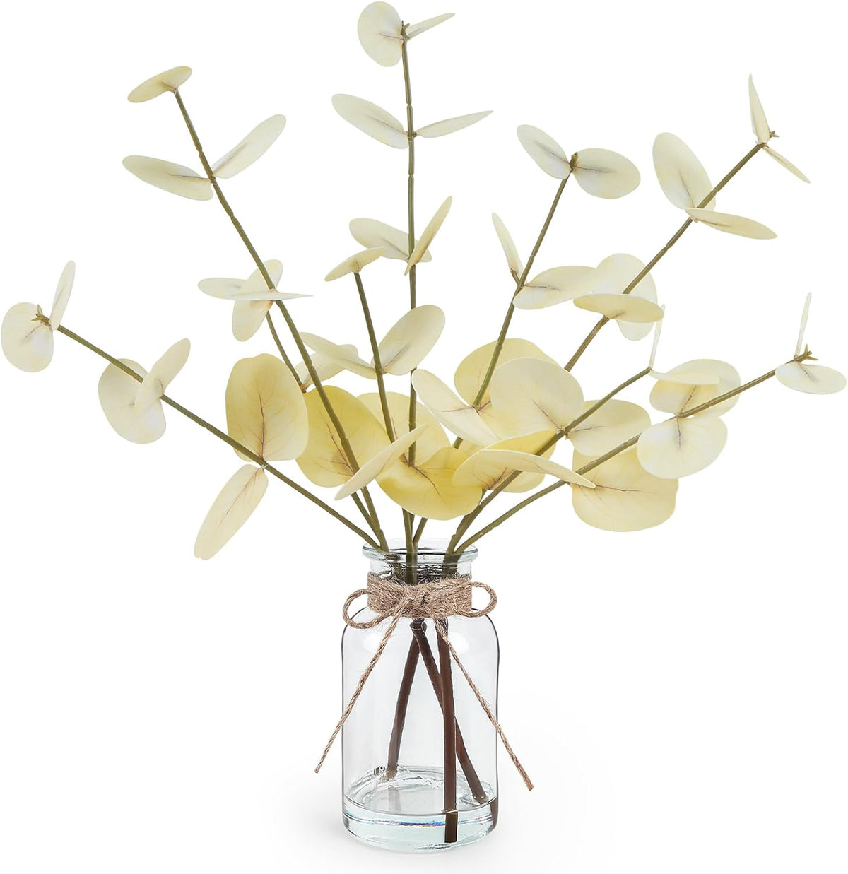 Artificial Eucalyptus Stems in Glass Vase with Faux Water, 13.5" Fake Plants for Home Decor, Coffee Table Centerpieces, Office, Bathroom & Farmhouse - Green Faux Plants Decorations