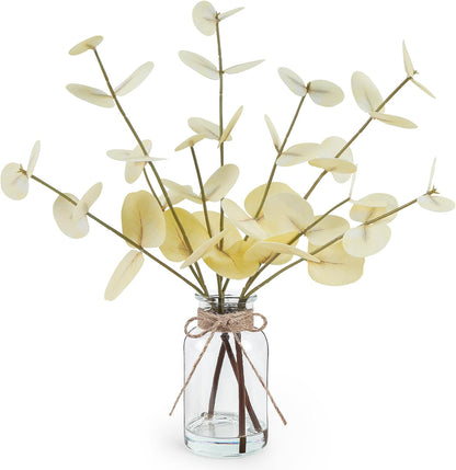 Artificial Eucalyptus Stems in Glass Vase with Faux Water, 13.5" Fake Plants for Home Decor, Coffee Table Centerpieces, Office, Bathroom & Farmhouse - Green Faux Plants Decorations