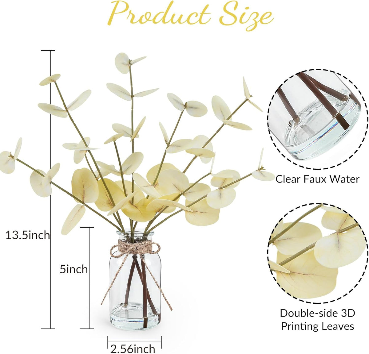 Artificial Eucalyptus Stems in Glass Vase with Faux Water, 13.5" Fake Plants for Home Decor, Coffee Table Centerpieces, Office, Bathroom & Farmhouse - Green Faux Plants Decorations