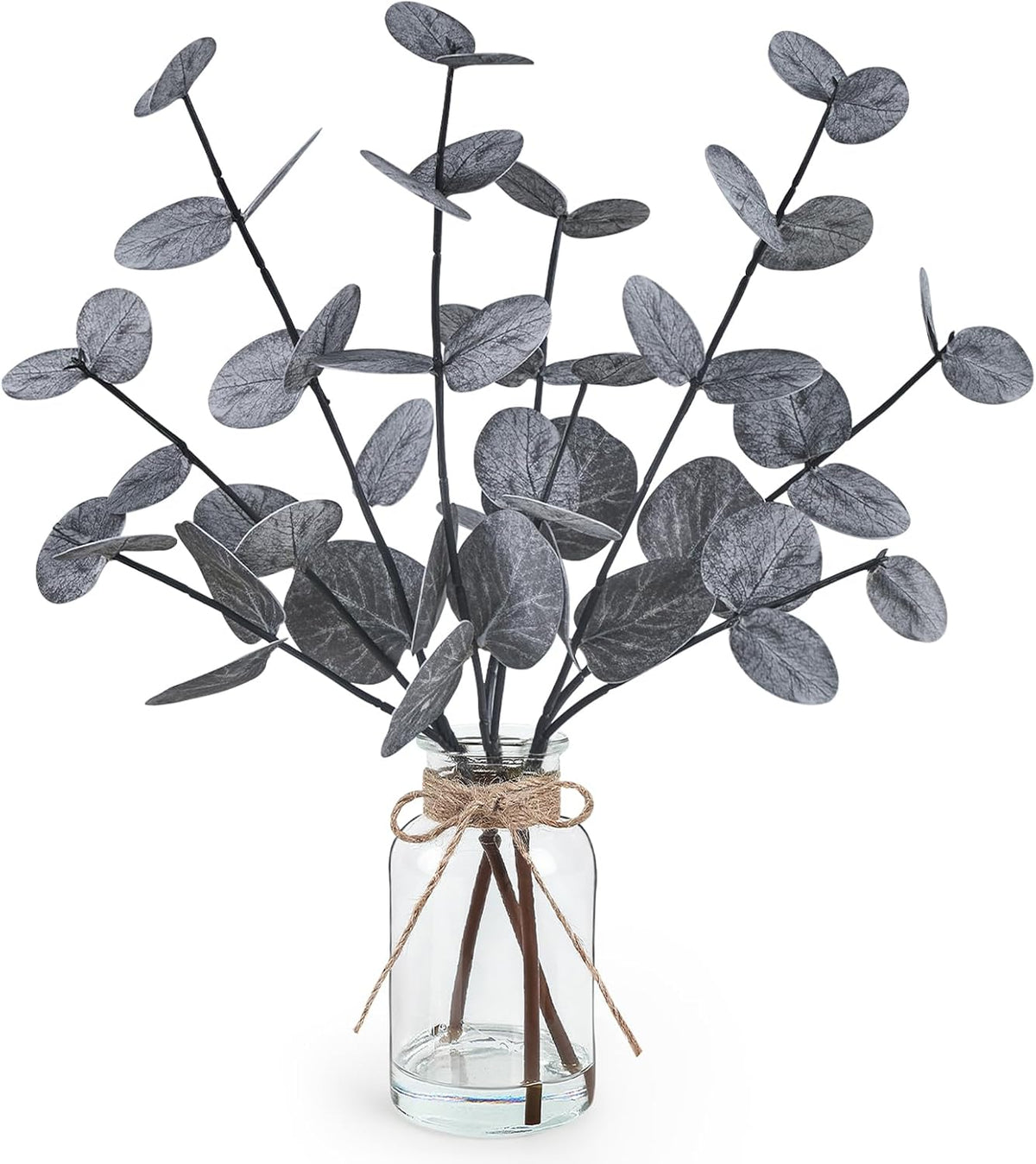 Artificial Eucalyptus Stems in Glass Vase with Faux Water, 13.5" Fake Plants for Home Decor, Coffee Table Centerpieces, Office, Bathroom & Farmhouse - Green Faux Plants Decorations