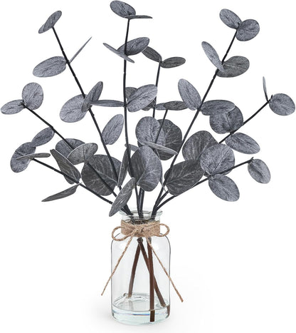 Artificial Eucalyptus Stems in Glass Vase with Faux Water, 13.5" Fake Plants for Home Decor, Coffee Table Centerpieces, Office, Bathroom & Farmhouse - Green Faux Plants Decorations
