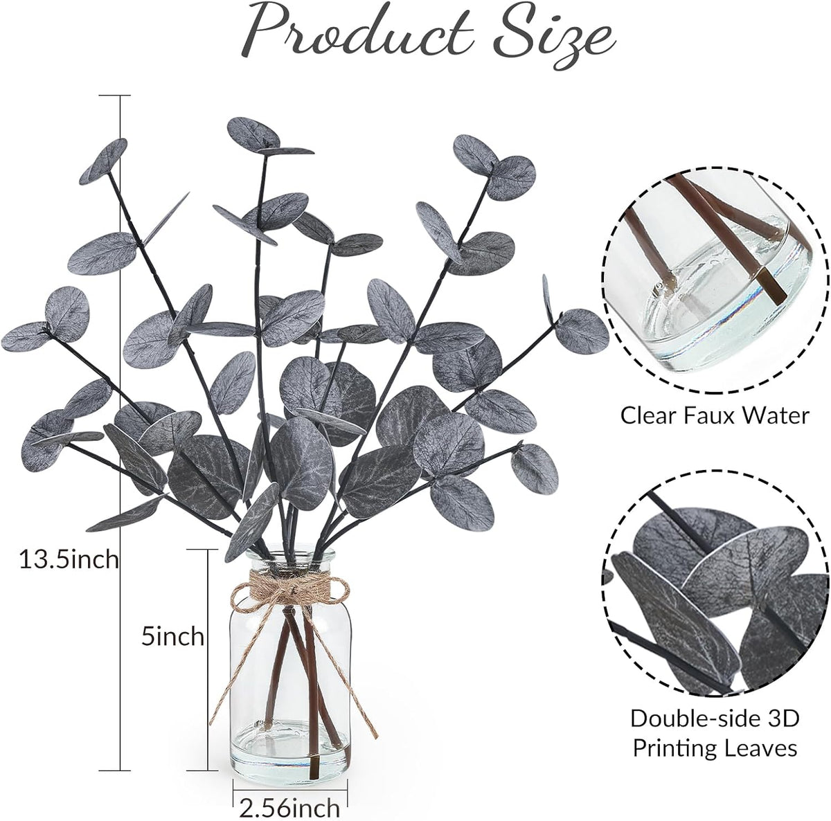Artificial Eucalyptus Stems in Glass Vase with Faux Water, 13.5" Fake Plants for Home Decor, Coffee Table Centerpieces, Office, Bathroom & Farmhouse - Green Faux Plants Decorations