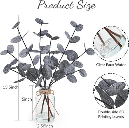 Artificial Eucalyptus Stems in Glass Vase with Faux Water, 13.5" Fake Plants for Home Decor, Coffee Table Centerpieces, Office, Bathroom & Farmhouse - Green Faux Plants Decorations