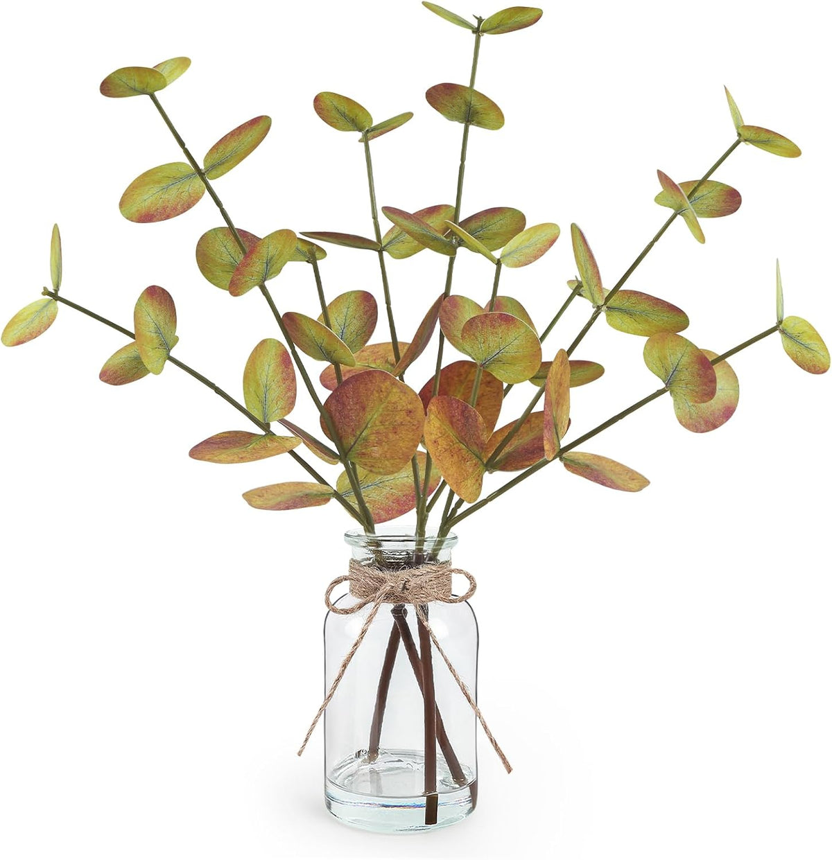 Artificial Eucalyptus Stems in Glass Vase with Faux Water, 13.5" Fake Plants for Home Decor, Coffee Table Centerpieces, Office, Bathroom & Farmhouse - Green Faux Plants Decorations