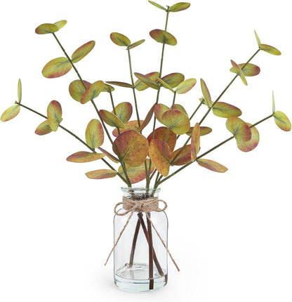 Artificial Eucalyptus Stems in Glass Vase with Faux Water, 13.5" Fake Plants for Home Decor, Coffee Table Centerpieces, Office, Bathroom & Farmhouse - Green Faux Plants Decorations