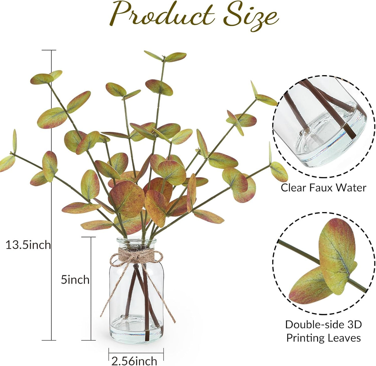 Artificial Eucalyptus Stems in Glass Vase with Faux Water, 13.5" Fake Plants for Home Decor, Coffee Table Centerpieces, Office, Bathroom & Farmhouse - Green Faux Plants Decorations
