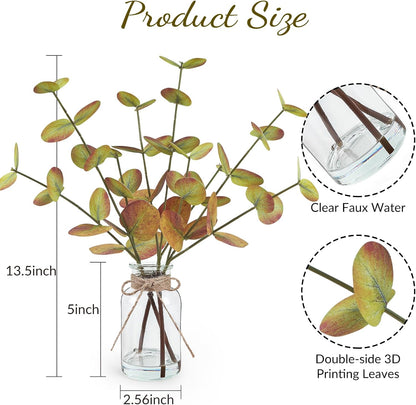 Artificial Eucalyptus Stems in Glass Vase with Faux Water, 13.5" Fake Plants for Home Decor, Coffee Table Centerpieces, Office, Bathroom & Farmhouse - Green Faux Plants Decorations
