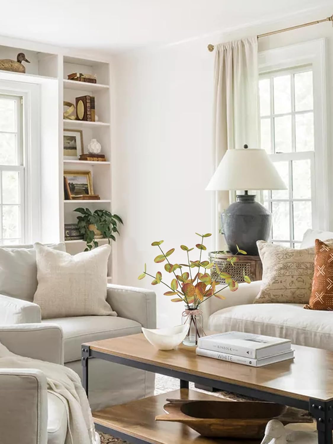 Artificial Eucalyptus Stems in Glass Vase with Faux Water, 13.5" Fake Plants for Home Decor, Coffee Table Centerpieces, Office, Bathroom & Farmhouse - Green Faux Plants Decorations