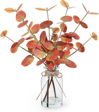 Artificial Eucalyptus Stems in Glass Vase with Faux Water, 13.5" Fake Plants for Home Decor, Coffee Table Centerpieces, Office, Bathroom & Farmhouse - Green Faux Plants Decorations