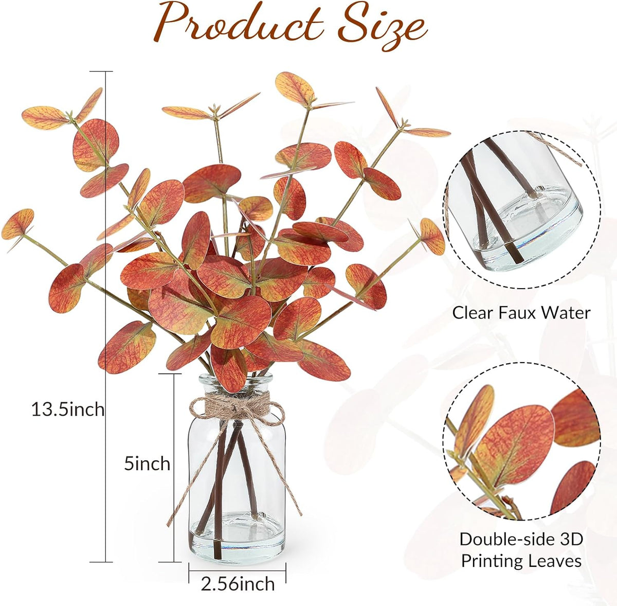Artificial Eucalyptus Stems in Glass Vase with Faux Water, 13.5" Fake Plants for Home Decor, Coffee Table Centerpieces, Office, Bathroom & Farmhouse - Green Faux Plants Decorations