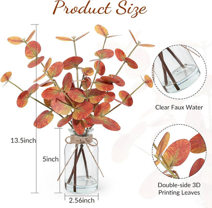 Artificial Eucalyptus Stems in Glass Vase with Faux Water, 13.5" Fake Plants for Home Decor, Coffee Table Centerpieces, Office, Bathroom & Farmhouse - Green Faux Plants Decorations
