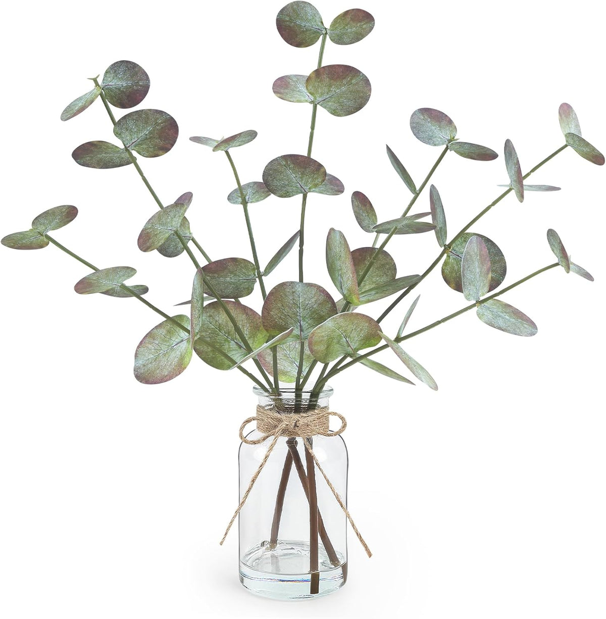Artificial Eucalyptus Stems in Glass Vase with Faux Water, 13.5" Fake Plants for Home Decor, Coffee Table Centerpieces, Office, Bathroom & Farmhouse - Green Faux Plants Decorations
