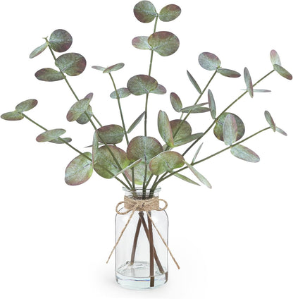 Artificial Eucalyptus Stems in Glass Vase with Faux Water, 13.5" Fake Plants for Home Decor, Coffee Table Centerpieces, Office, Bathroom & Farmhouse - Green Faux Plants Decorations